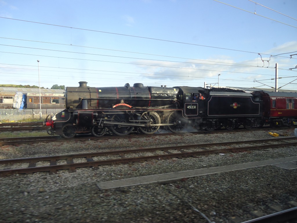 45231 at Carnforth preparing to haul the Fellsman on 20.8.14