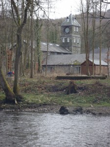 Clock tower and River Leven at Low Wood gunpowder works Haverthwaite