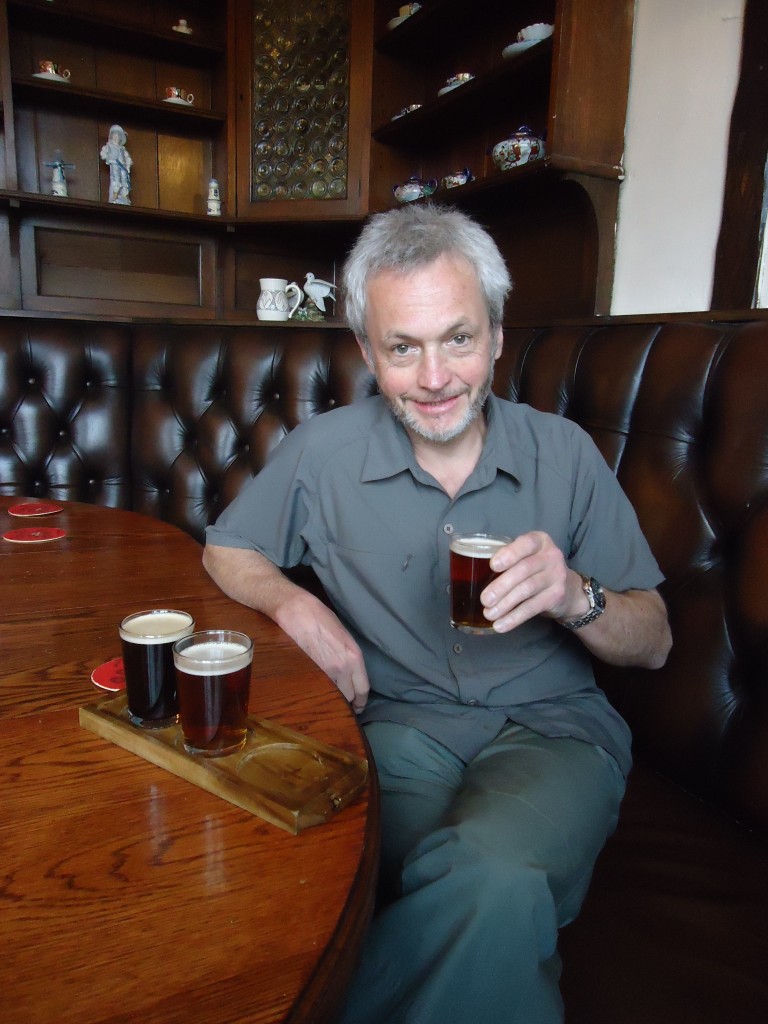 David with three one third pint drinks at Lord Raglan pub, nangreaves, august 2014b