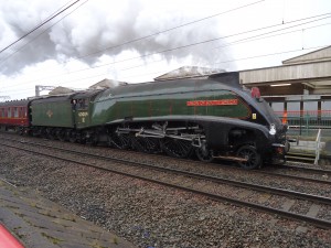Gresley A4 pacific 60009 Union of South Africa hauling the Winter Cumbrian Mountain Express through Carnforth Station, February 2013