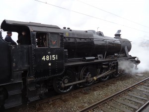 Stanier 8f 48151 waiting at a signal in Carnforth station, February 2013