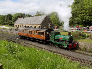 beamish museum railway station with Bon Accord and observation saloon departing