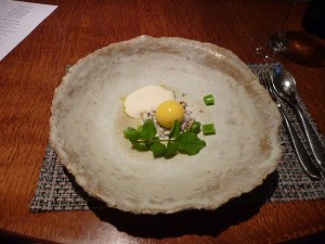 Cod "yolk" with watercress runner beans, salt and vinegar