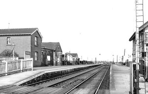 Banks railway station in 1963, seen from the level crossing, looking towards Preston. Signalbox on right.