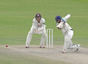 MANCHESTER, ENGLAND - SEPTEMBER 17: Haseeb Hameed (R) of Lancashire bats whilst Surrey's Ben Foakes looks on during day four of the LV County Championship Division Two match between Lancashire and Surrey at Emirates Old Trafford on September 17, 2015 in Manchester, England. (Photo by Clint Hughes/Getty Images)