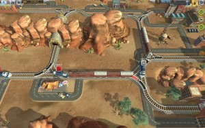 A Train Valley game in progress. The train in the middle has just avoided one collision at its rear, but another now seems inevitable just ahead. The red box above the engine shows its intended destination.